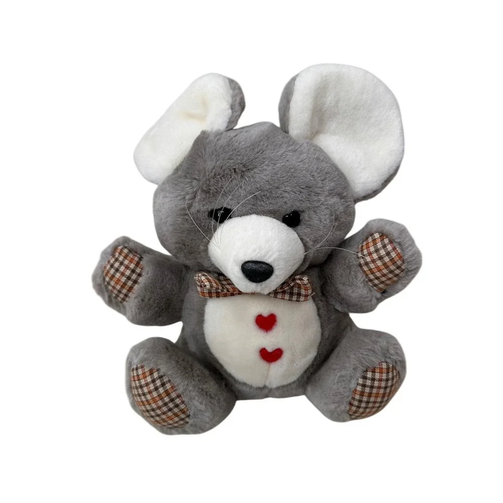 Mouse Plush Stuffed Animal Grey White Plaid Hearts Lovey Kids Toy Nursery Decor